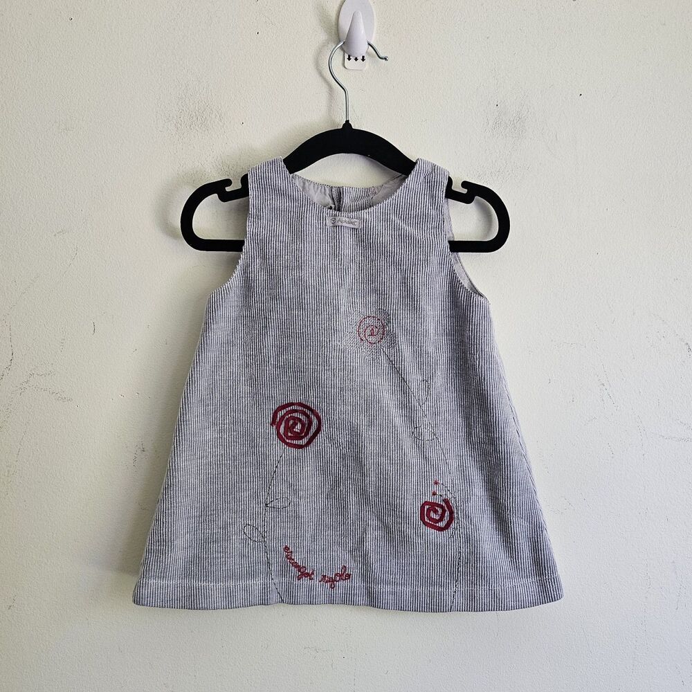 Alphabet Vintage Gray Striped Dress Size 12M Embroidered Flowers Back Button